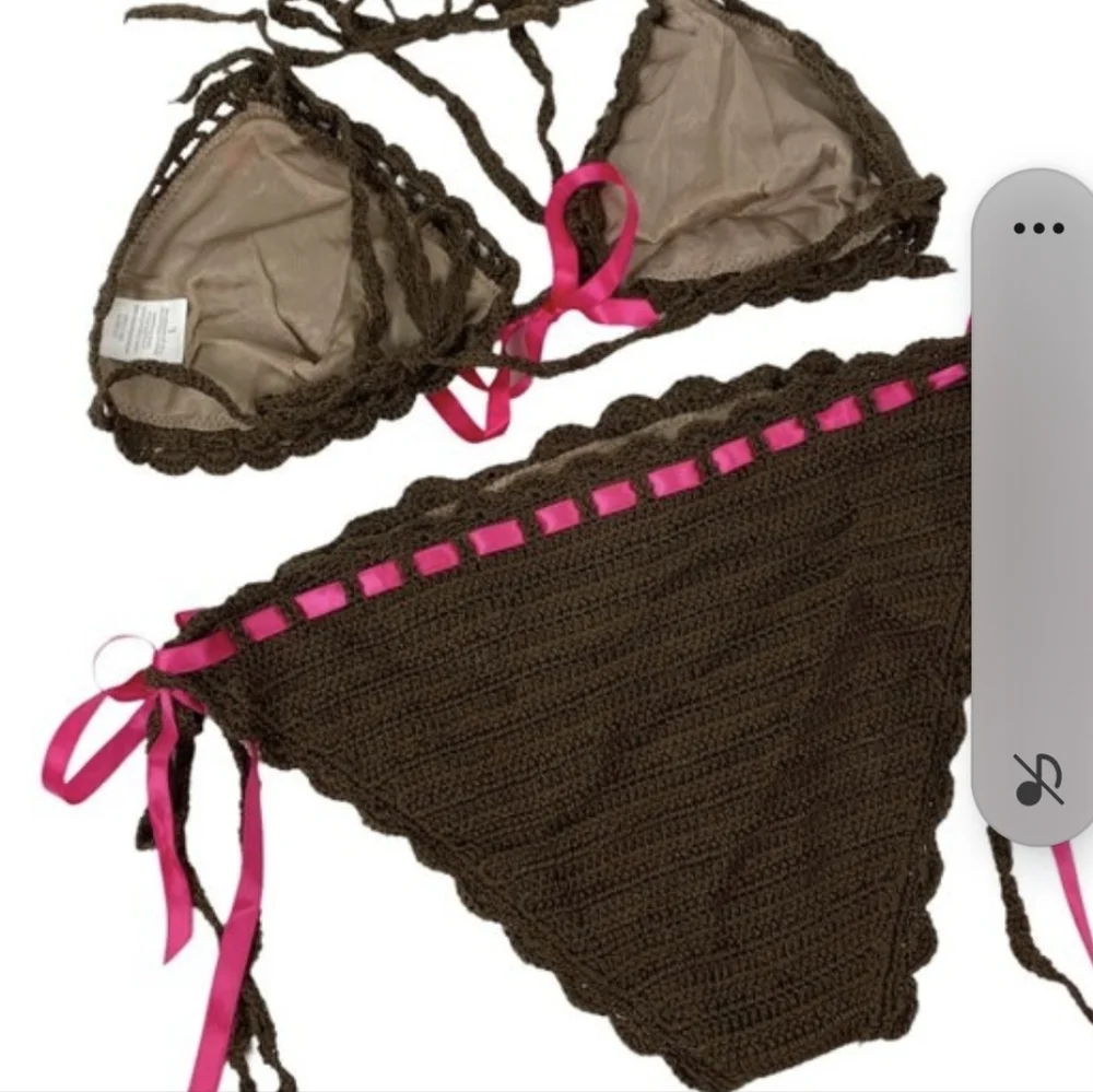 Anna Kosturova Crochet Ribbon Lace Bikini Brown Pink L - Picture 2 of 5